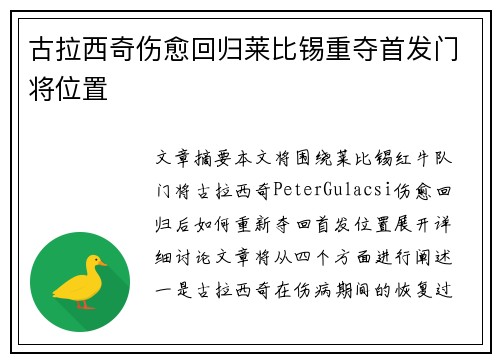 古拉西奇伤愈回归莱比锡重夺首发门将位置 古拉西奇伤愈回归莱比锡重夺首发门将位置