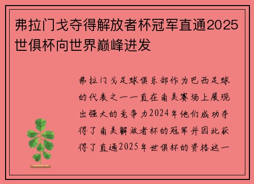 弗拉门戈夺得解放者杯冠军直通2025世俱杯向世界巅峰进发 弗拉门戈夺得解放者杯冠军直通2025世俱杯向世界巅峰进发