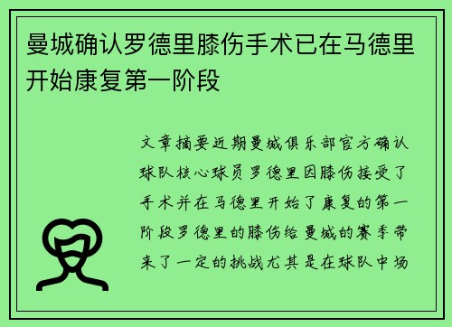 曼城确认罗德里膝伤手术已在马德里开始康复第一阶段 曼城确认罗德里膝伤手术已在马德里开始康复第一阶段